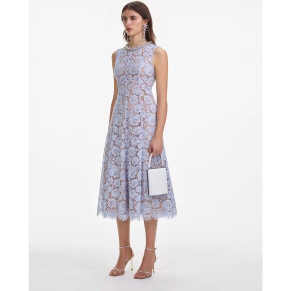 Self-Portrait Blue Fine Lace Pearl Midi Dress - Picture 2 of 14